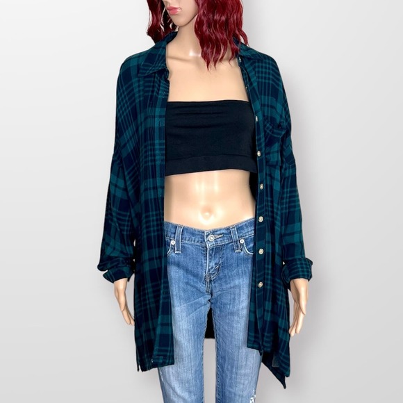 Entro Plaid Flannel Long Button Down Top Womens Small Green Black Pockets Tunic - Picture 3 of 11